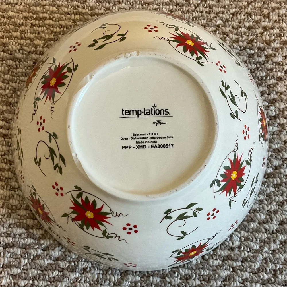Temp-Tations 2 QT Asymmetrical Poinsettia Bowl with Cardinal and Ornaments